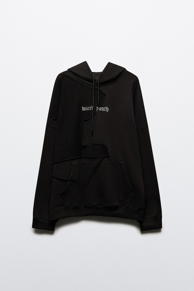 Худи oversize рваная с вышитой надписью - цвет черный - 9
