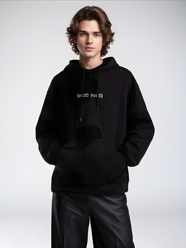 Худи oversize рваная с вышитой надписью - цвет черный - 10