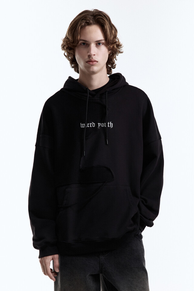 Худи oversize рваная с вышитой надписью - цвет черный - 2
