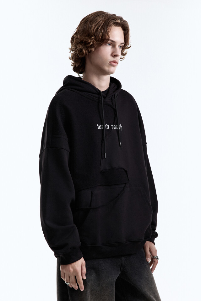 Худи oversize рваная с вышитой надписью - цвет черный - 3