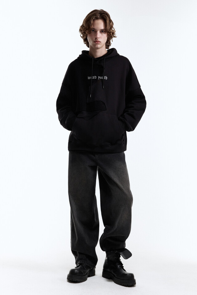 Худи oversize рваная с вышитой надписью - цвет черный - 5