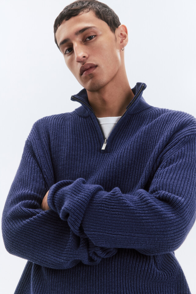 Свитер half-zip вязаный с воротником-стойкой - цвет голубой - 1