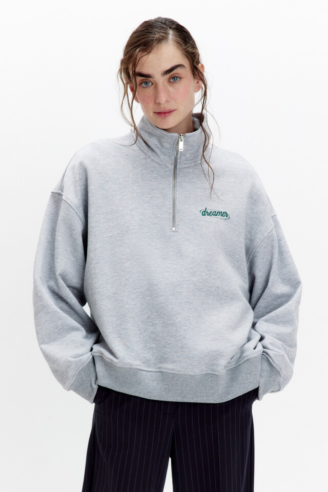 Толстовка half zip из футера с надписью - цвет серый - 3
