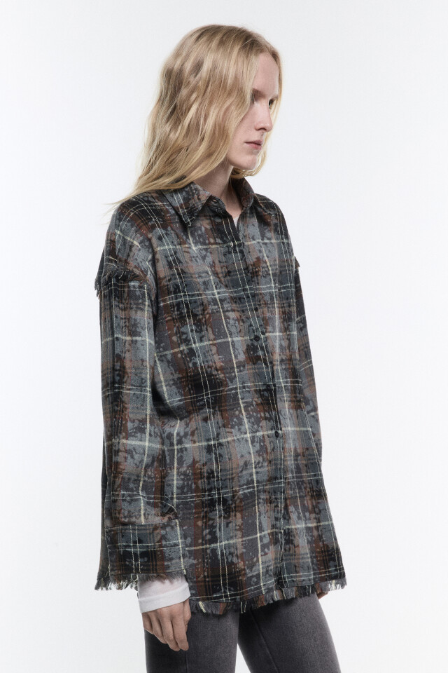 Рубашка oversize клетчатая с состаренным эффектом - цвет мультиколор - 4