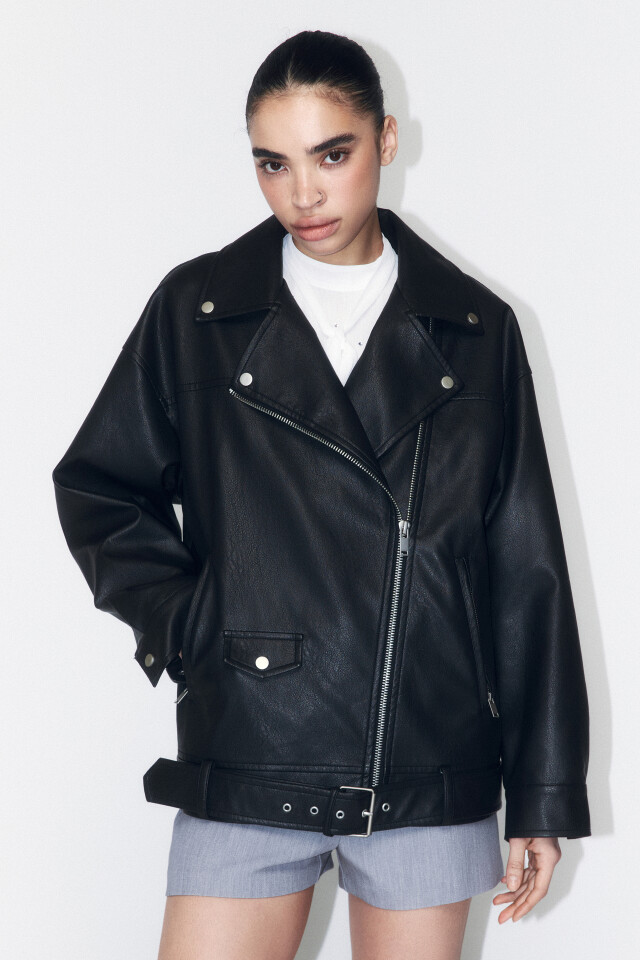 Куртка-косуха oversize из искусственной кожи - цвет черный - 2