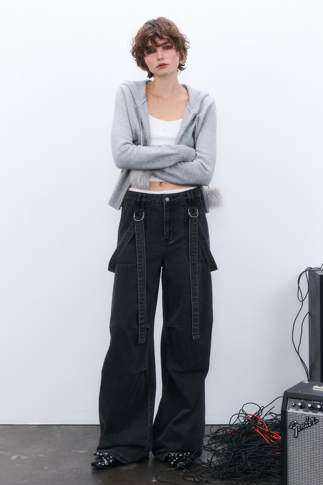 Джинсы baggy fit со складками и ремнями - цвет серый - 5