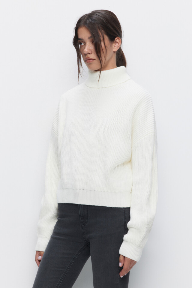 Свитер RibSweater толстой вязки с воротником - цвет бежевый - 3